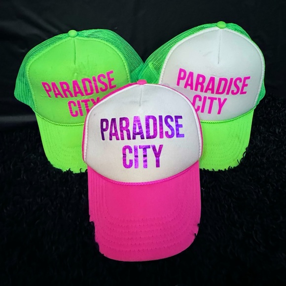 Set of 3 neon “Paradise City” trucker hats - Picture 1 of 2